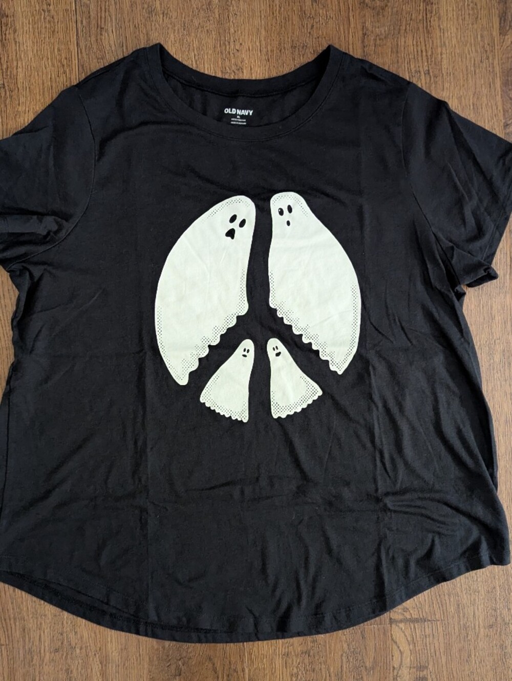 Old Navy Women's Black T-Shirt with White Ghost Peace Sign